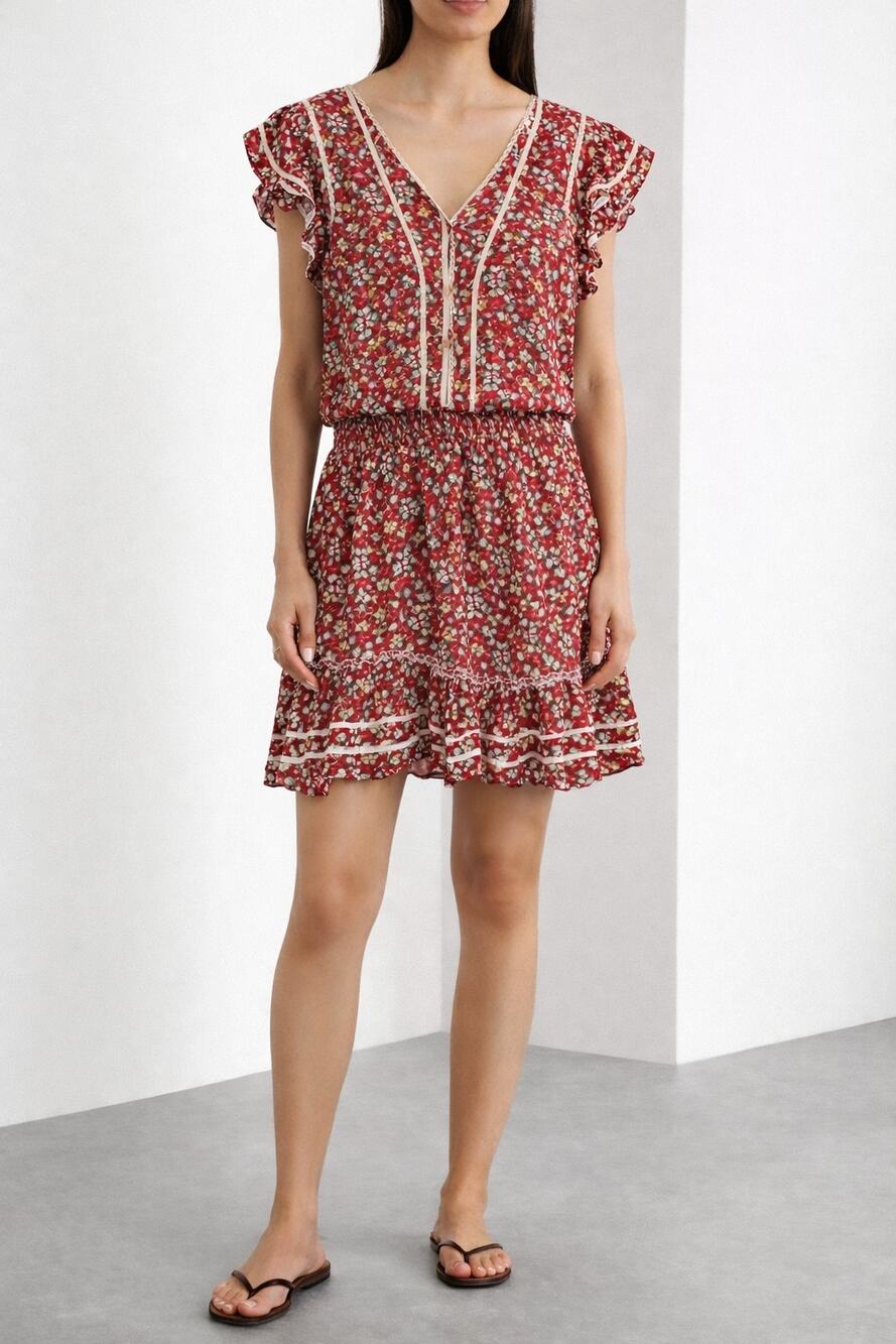 Poupette St. Barth Red Floral Mini Dress – Romantic Boho Resort Chic Small